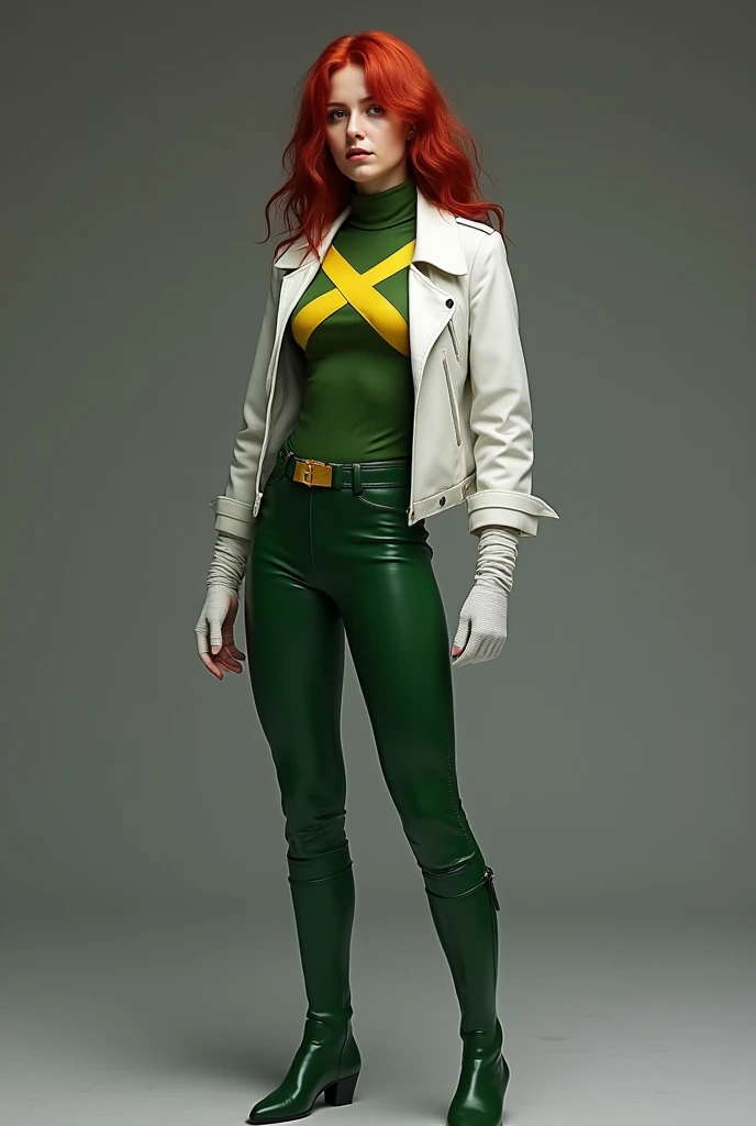 Rachael Sennott as Rogue (Anna Marie) in a film adaptation of the X-Men would be a notable choice, considering his ability to play nuanced characters and a strong screen presence. To capture Rogue faithfully to the comics, The costume design should reflect the character&#39;s iconic style and essence..

In the comics, Rogue is known for her green and white costume with yellow accents.. This suit is fitted and functional, Designed to reflect Rogue&#39;s ability to absorb powers and memories through physical contact.. Sennott&#39;s costume design should include a tight-fitting green top with a large yellow X symbol on the chest.. The lower part of the suit includes green pants and matching boots., also with yellow details. besides, The suit must have long white gloves that cover the arms up to the elbows., a crucial element as the gloves help minimize the risk of inadvertent absorption of powers.

The costume also includes a white jacket over the shoulders., which provides an elegant contrast to the rest of the outfit and adds a distinctive touch. The suit design must allow for full mobility to reflect Rogue&#39;s combat abilities and agility., while maintaining the character&#39;s powerful and dynamic appearance.
