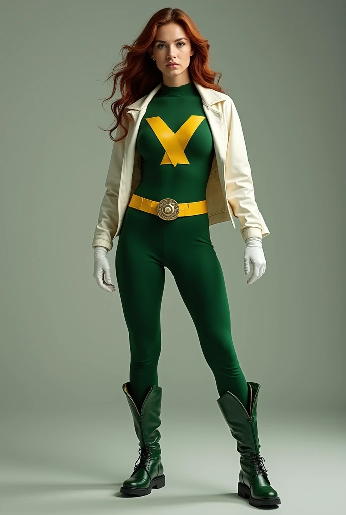 Rachael Sennott as Rogue (Anna Marie) in a film adaptation of the X-Men would be a notable choice, considering his ability to play nuanced characters and a strong screen presence. To capture Rogue faithfully to the comics, The costume design should reflect the character&#39;s iconic style and essence..

In the comics, Rogue is known for her green and white costume with yellow accents.. This suit is fitted and functional, Designed to reflect Rogue&#39;s ability to absorb powers and memories through physical contact.. Sennott&#39;s costume design should include a tight-fitting green top with a large yellow X symbol on the chest.. The lower part of the suit includes green pants and matching boots., also with yellow details. besides, The suit must have long white gloves that cover the arms up to the elbows., a crucial element as the gloves help minimize the risk of inadvertent absorption of powers.

The costume also includes a white jacket over the shoulders., which provides an elegant contrast to the rest of the outfit and adds a distinctive touch. The suit design must allow for full mobility to reflect Rogue&#39;s combat abilities and agility., while maintaining the character&#39;s powerful and dynamic appearance.