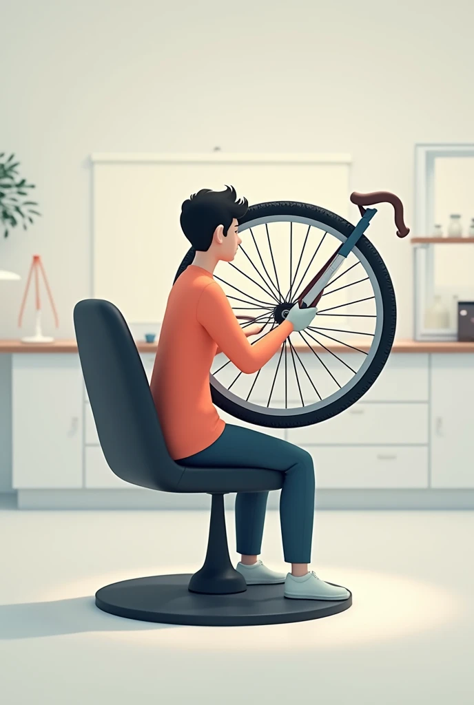 Make a picture of the assembly used in the experiment on the conservation of angular motion which consists of a rotating chair, A person sitting on this chair while holding a bicycle wheel by means of handles that have the wheel located horizontally, The handles are in the center of the wheel, It's just a wheel and it's held with both hands.