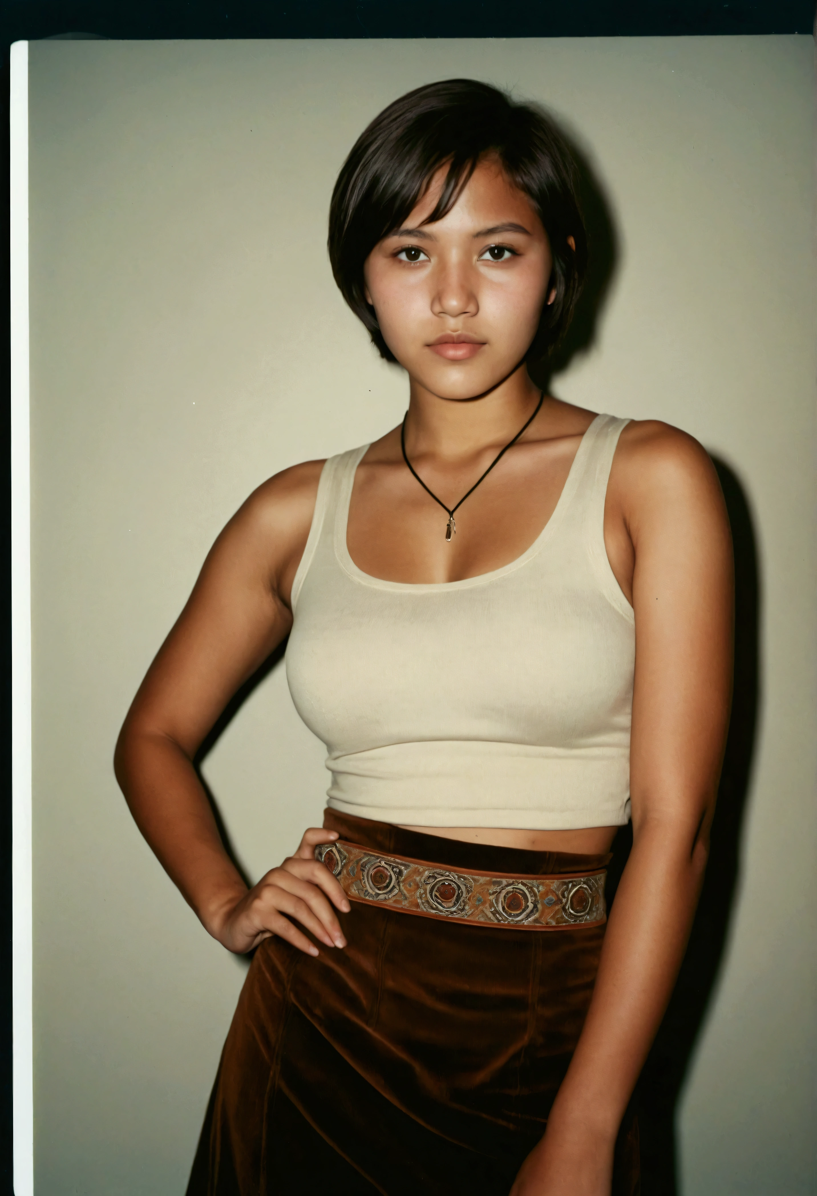 analog film photograph, Polaroid of a modern Sioux woman, 18-years-old, long, amazonian stature, athletic hourglass figure, busty breasts, narrow waist, full wide hips, big round buttocks, wearing tank top and a corduroy skirt, tan complexion, amber eyes, dark hair, short pixie cut, posing on a pedestal, RAW Photograph, dslr, soft lighting, high quality, film grain, Fujifilm XT3, detailed skin with visible pores, insane details, masterpiece, 8k, 35mm photograph, dslr, kodachrome, faded film, desaturated, grainy, vintage, Lomography, stained, highly detailed, found footage