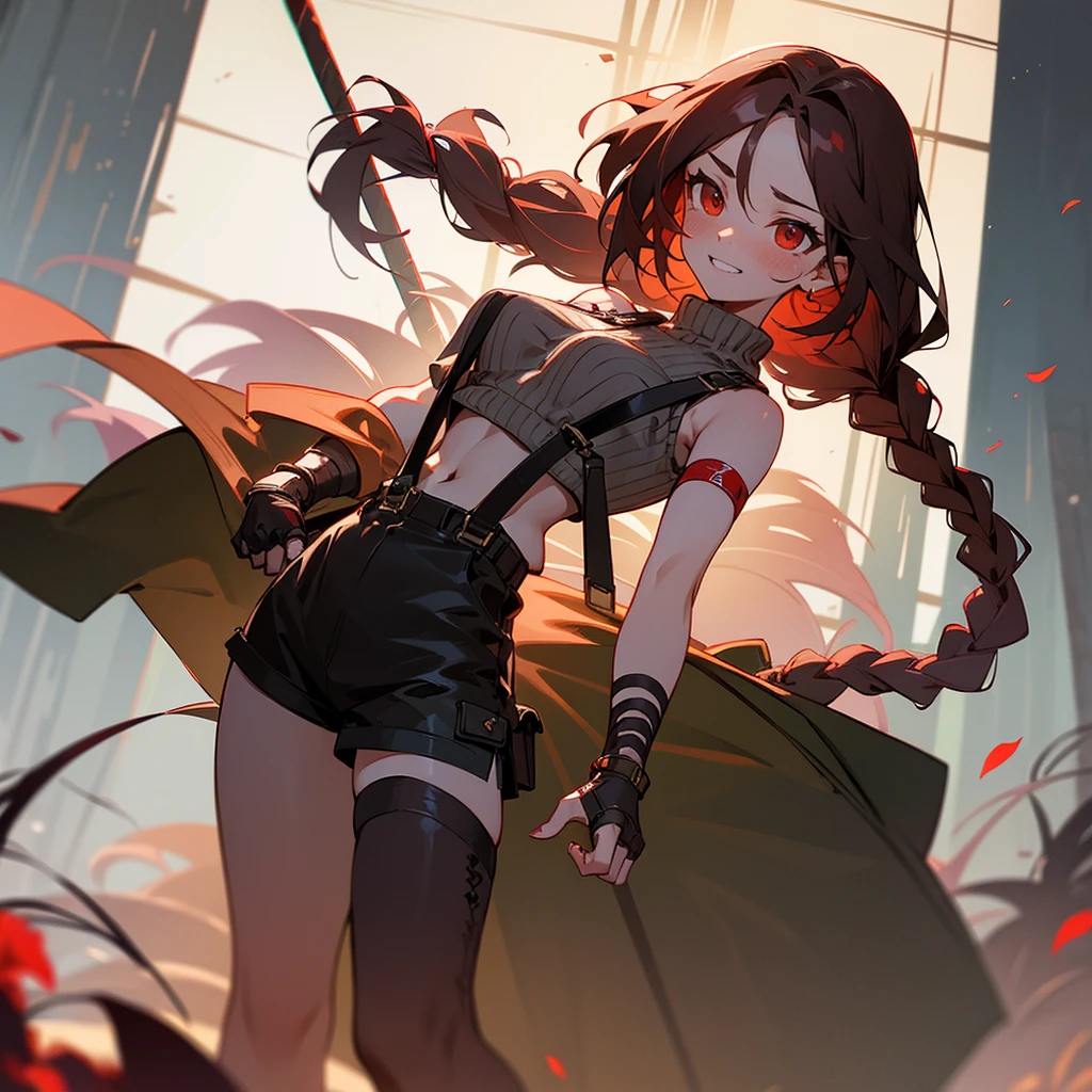 1female, sexy, young adult, finely detailed red eyes, wild long hair, braided hair, dark brown color hair, adventurer gear, suspenders, sleeveless crop top sweater, baggy combat shorts, night time, dark forest, light smile, flowers, blushing, standing on path, lanturns, black armband, mma gloves