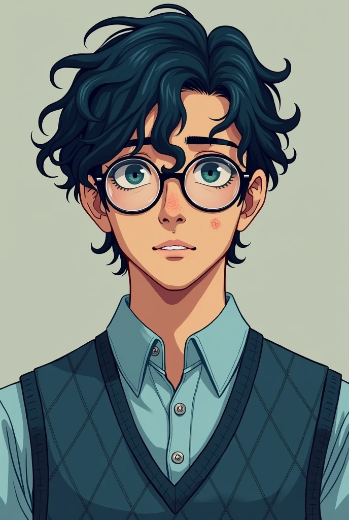 hair: Blueish black in color, with defined curls that fall to the sides of her face. A rebellious lock of hair falls over his forehead, giving him a carefree look.
face: of defined features, with a slightly angular jaw. He has two moles on the left side of his face., one on the cheek near the nose and another near the chin. This adds a distinctive touch to your appearance..
eyes: clear, possibly grey or pale blue in colour, which gives it a calm and introspective look. He wears round glasses that reinforce his intellectual air..
Expression: His expression is serious and focused., which could indicate that you are a thoughtful or reserved person.
outfit: Wear a light blue button-down shirt, along with a diamond-patterned vest in similar tones. The vest has a geometric pattern that gives a classic and neat touch to your outfit..
Accessories: Glasses are an important detail that completes your look, accentuating his intellectual side and perhaps giving him an air of maturity.