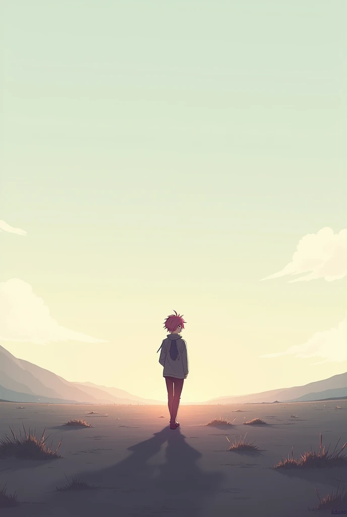 Anime guy walking through empty valley seriim background