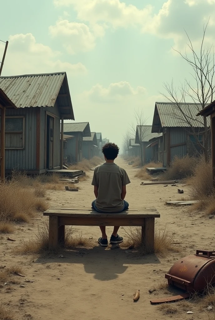 Teenager sitting on the bench with houses made of sheet metal around him