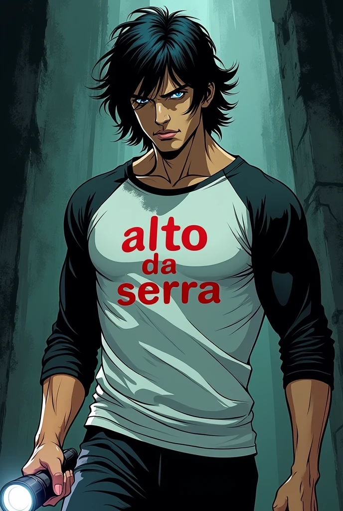 Comic book style image, male 2, medium length messy black hair with blue eyes with a mysterious expression, muscular body with a white shirt with black sleeves with Alto Da Serra written in red, holding a flashlight in his hand looking for something, de corpo inteiro, kind of dark academia style
