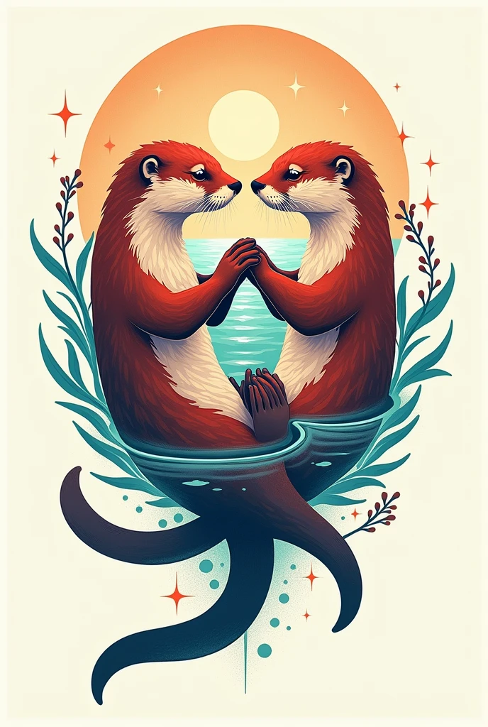 I need a colourful tattoo idea of two otters holding hands, not realistic design, something between geometrical or tribal, floating in water