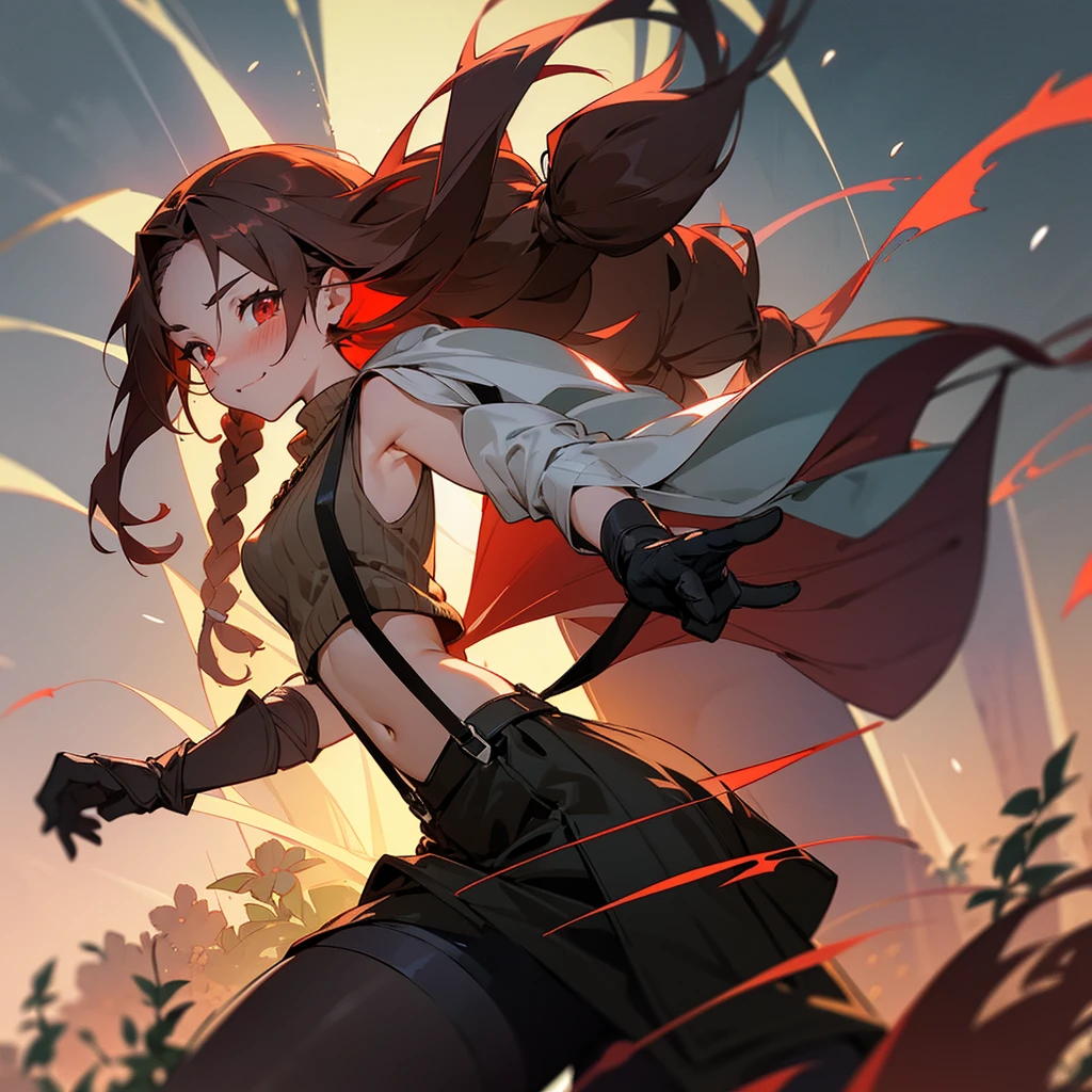 1female, sexy, young adult, finely detailed red eyes, wild long hair, braided hair, dark brown color hair, adventurer gear, suspenders, sleeveless crop top sweater, baggy combat skirt, night time, dark forest, light smile, flowers, blushing, standing on path, lanturns, black armband, mma gloves