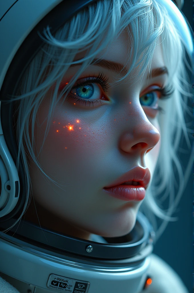 (Close-up of a better masterpiece:1.5)0.9], (Space and astronauts:1.2) (Messy silver hair:1.1) (Heterochromia xanthochromia and blue eyes:1.2) (Space Helmet:1.0) (Colored stars in the eyes:1.0) (A radiant glow:1.1) (thick lips:0.9)