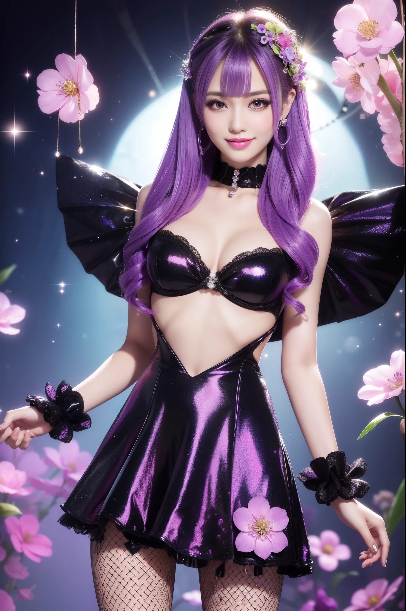 beautiful sexy model who controls poison、beautiful smile、lipgloss、long lashes、intense makeup、look at the camera、full body Esbian、、sparkling poisoned flower costume、、、、shiny sparkling multicolor hair、secrete poison、skull hair accessories、fishnet tights、shiny sparkling flowers background