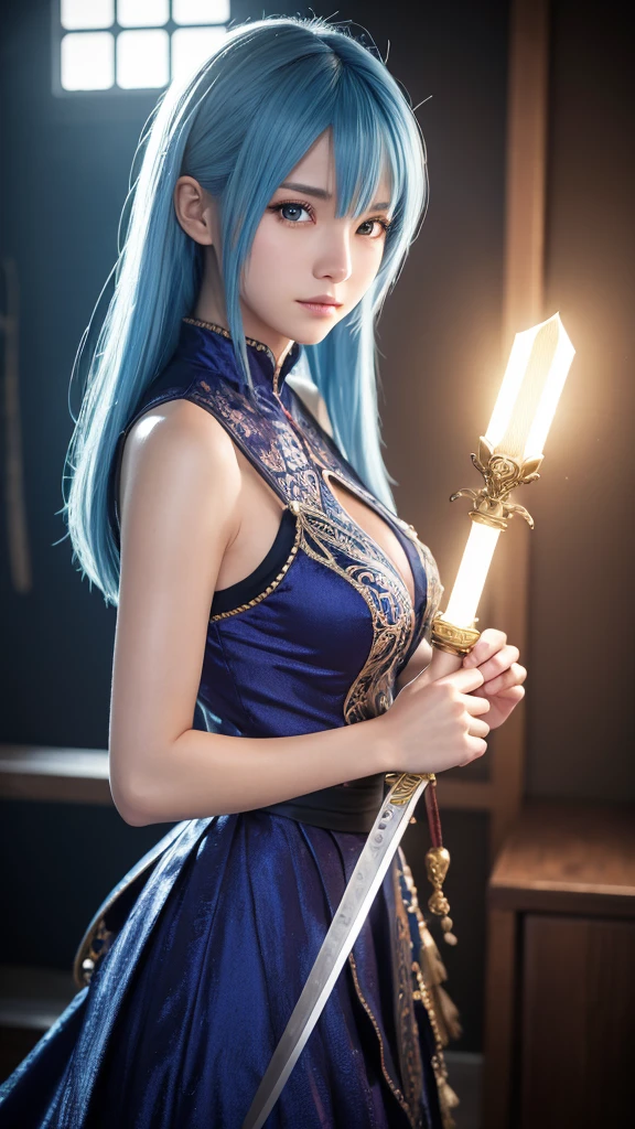 Ultra-detailed and intricate 3D rendering of a beautiful anime character, Beautiful soft studio light, Rim Light, Vivid details,Gorgeous, race, Ultra-realistic, Blue Hair, Ultra-realisticな中世の世界で親密な部分を表現, Holding a sword