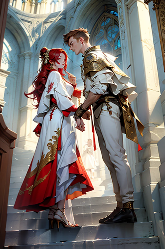 red-haired sibling couple in white and gold medieval clothes