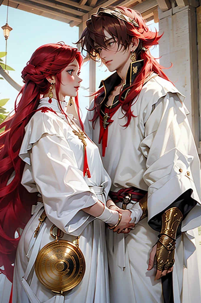 red-haired sibling couple in white and gold medieval clothes
