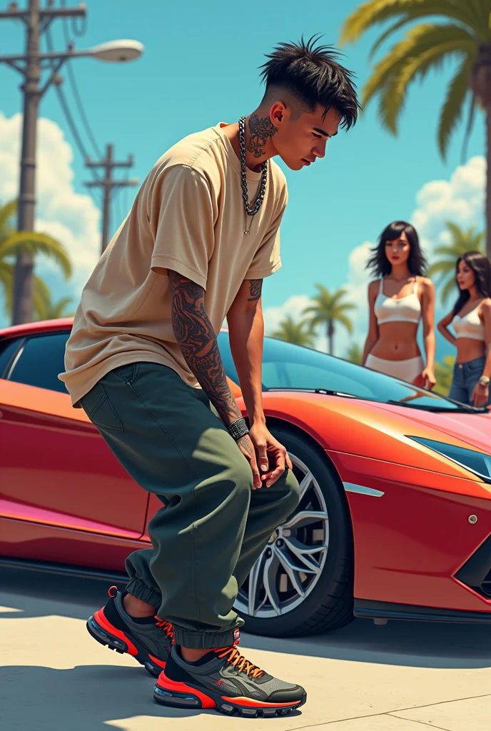 A 20 year old man, with a ''start over'' cap tattooed on his face, with the profile pose, putting on a nike airmax tn sneaker on your foot, with a backdrop of sports cars and women in the back, medium nose, baggy pants and neck chain