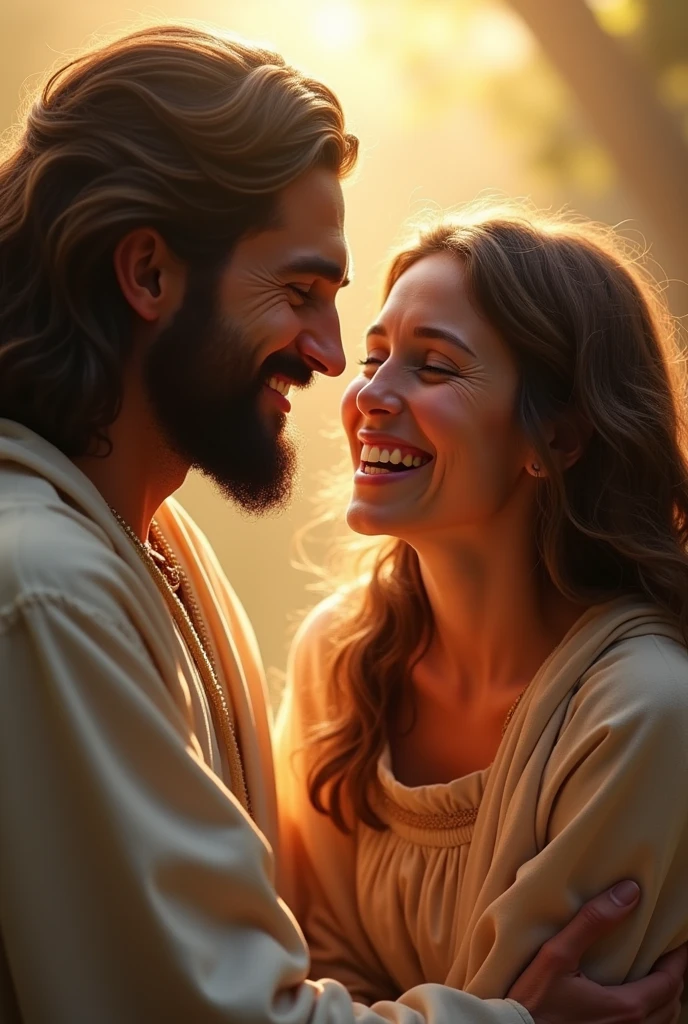 "Create a realistic and heartwarming image of a person with a joyful expression, radiating happiness and peace, in the friendly and comforting company of Jesus. The person should be smiling brightly, with a look of genuine contentment, while Jesus, depicted in traditional, realistic attire, stands or sits beside them with a warm, welcoming presence. The interaction should emphasize a deep, platonic bond, showcasing a sense of camaraderie and spiritual companionship rather than romance. The background should be serene and uplifting, with soft, natural light that highlights the warmth and friendliness of their connection. The overall mood should reflect a profound sense of joy, peace, and friendship."