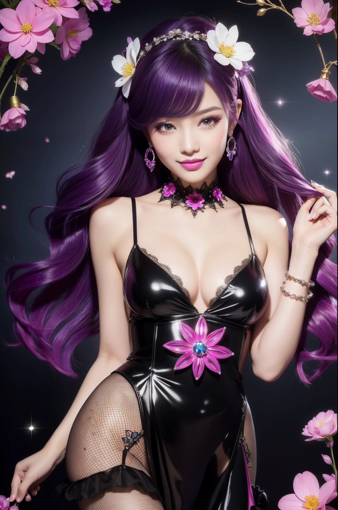 beautiful sexy model who controls poison、beautiful smile、lipgloss、long lashes、intense makeup、look at the camera、full body Esbian、、sparkling poisoned flower costume、、、、shiny sparkling multicolor hair、secrete poison、skull hair accessories、fishnet tights、shiny sparkling flowers background