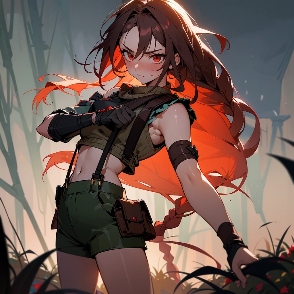 1female, sexy, young adult, finely detailed red eyes, wild long hair, braided hair, dark brown color hair, adventurer gear, suspenders, sleeveless crop top sweater, baggy combat shorts, night time, dark forest, somber expression, flowers, blushing, standing on path, lanturns, black armband, mma gloves