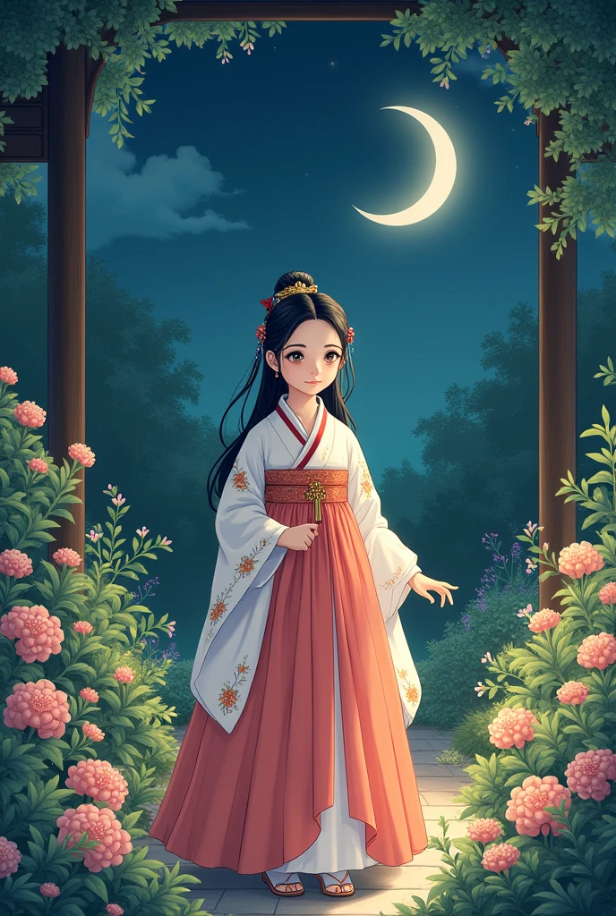 ccscriber Here Is Wisdom. Let Him Who Has Understanding Calculate the Number of the Beast illustration art , approximate best quality, high_resolution, distinct_image, detailed background ,girl, hanbok,flower,garden,moon, night,