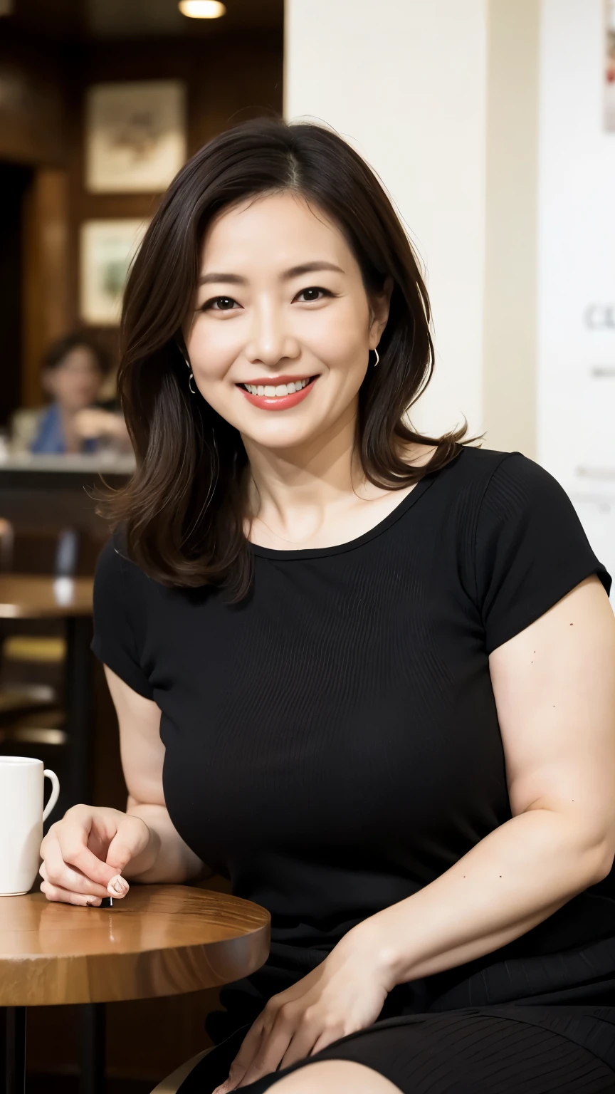 8k wallpaper, masterpiece, Highest quality, Very detailed, One Mature Woman, 50 years old, Become very clear, Wearing a short-sleeved knit, Skin dents, Captivating smile, Looking at the audience, No lapel microphone, Plump, Curvaceous, Attractive face, Smiling with teeth showing, I was happy, sitting in a cafe, Background Blur