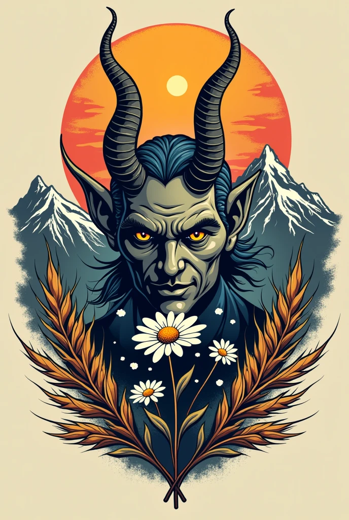 Help me with a logo for a t-shirt for the back that has a sun, a human devil, a chamomile plant, a devil of a rascal and in the background a snowy mountain and ears of wheat