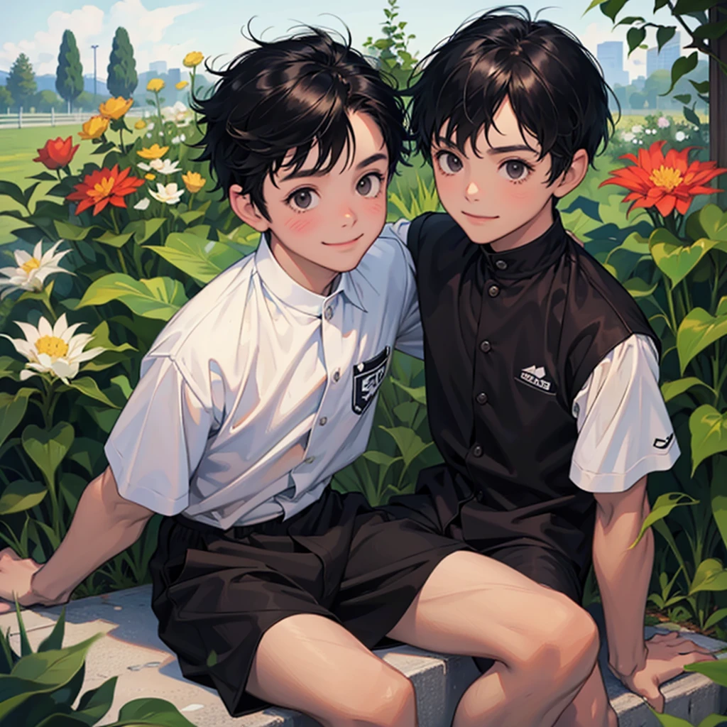 , eight year old boy with black hair and black eyes, sitting in a garden smiling