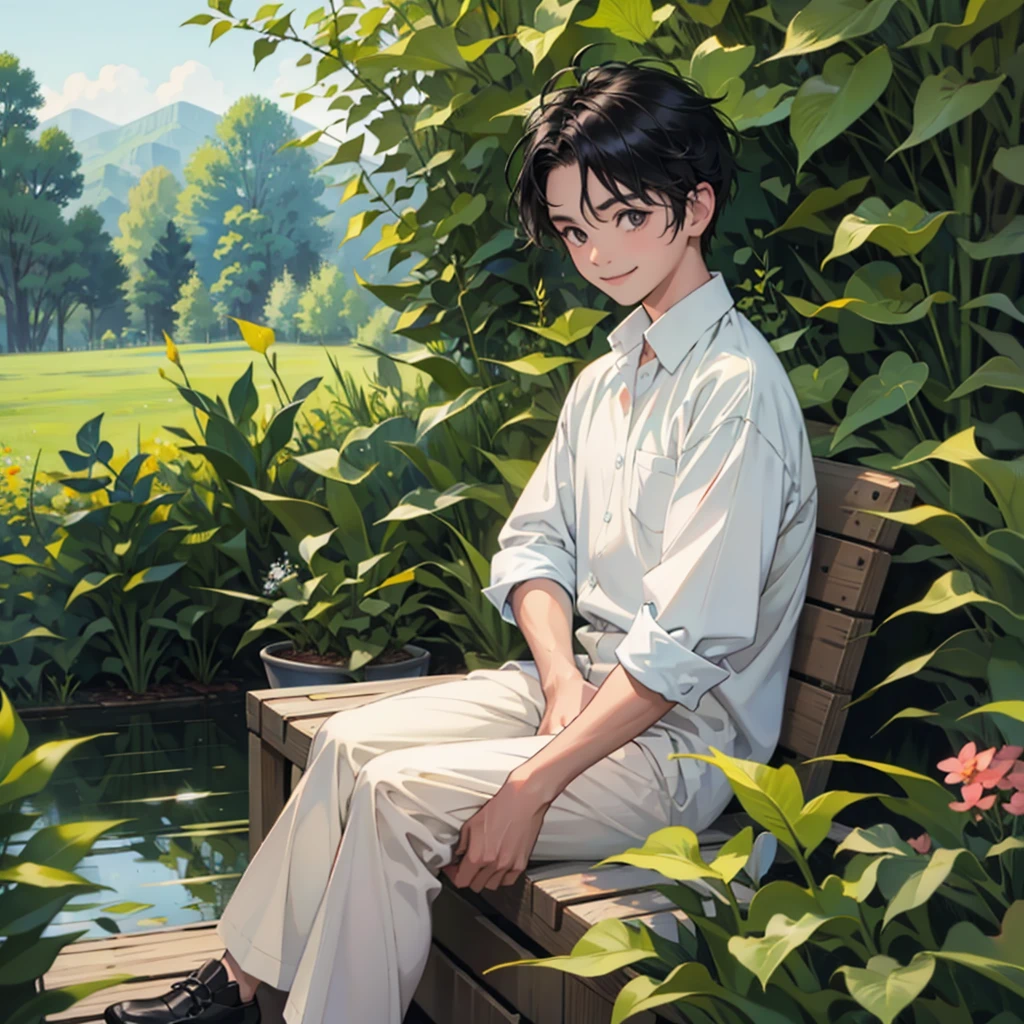 , eight year old boy with black hair and black eyes, sitting in a garden smiling