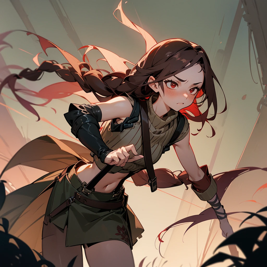 1female, sexy,  adult, finely detailed red eyes, wild long hair, braided hair, dark brown color hair, adventurer gear, suspenders, sleeveless crop top sweater, baggy combat skirt, night time, dark forest, somber expression, flowers, blushing, standing on path, lanturns, black armband, mma gloves