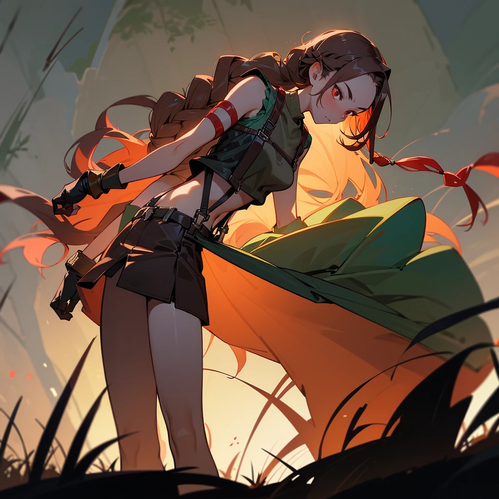 1female, sexy, young adult, finely detailed red eyes, wild long hair, braided hair, dark brown color hair, adventurer gear, suspenders, sleeveless crop top sweater, baggy combat skirt, night time, dark forest, somber expression, flowers, blushing, standing on path, lanturns, black armband, mma gloves