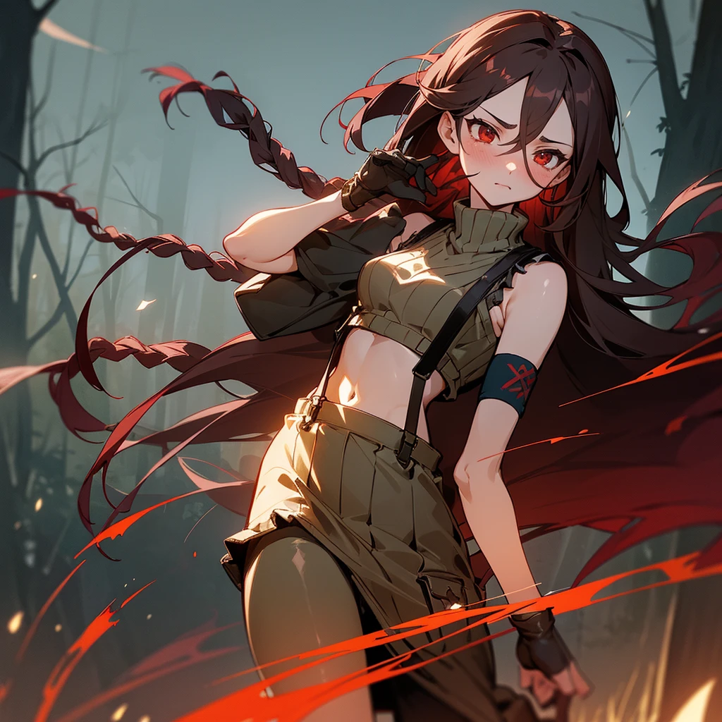 1female, sexy, young adult, finely detailed red eyes, wild long hair, braided hair, dark brown color hair, adventurer gear, suspenders, sleeveless crop top sweater, baggy combat skirt, night time, dark forest, somber expression, flowers, blushing, standing on path, lanturns, black armband, mma gloves