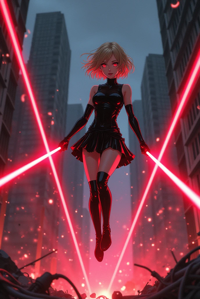 The image is anime style with shadows and dim lights, anime style although somewhat adult and dark, It shows a female android in a black latex suit and a kind of very short skirt., who looks to be 20 years old, She has short wavy blonde hair, smiles maliciously. He has crimson red eyes. is beautiful, but he seems like a psychopath. It is flying in a T pose, destroying with more than 10 laser beams coming out of his back, his hands and elbows, as well as his knees and shoulders, to a building at dawn. The building is falling apart.