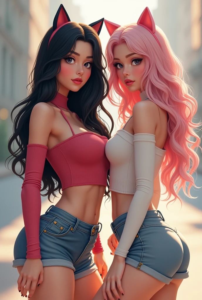 INSTAGRAM MODEL ,with long wavy black hair, With her friend, light short pink hair, full body view, sweet outfit, big boobs,  with cat ears ,  girls 