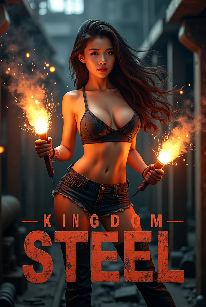 Make a logo written kingdom steel, with a sexy female figure holding a welding torch and wearing a welding mask, enhancing her breasts and realism, leaving the Kingdom Steel logo very clear and large.