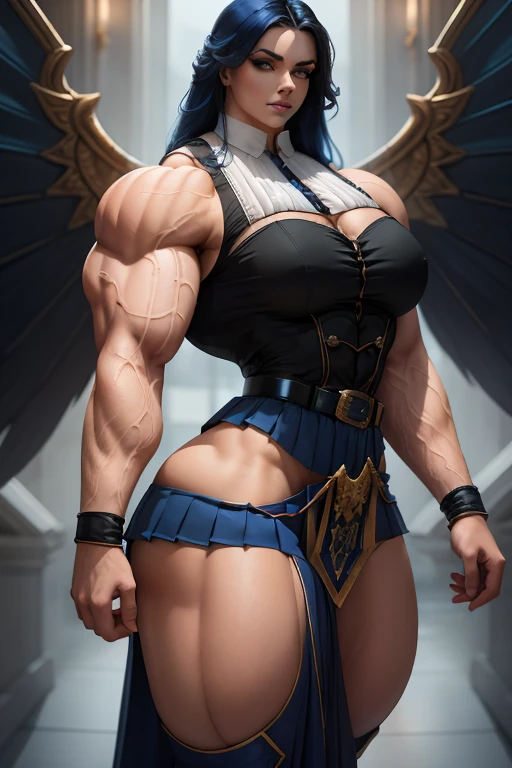 ((Close-up)), tall, (royal blue hair) beautiful muscular woman, long curly wavy hair, pale white skinned, closed smile, (black lipstick), (massive muscles), (hyper muscle), ((ginormous bulky muscles)), white eyes, (((sleeveless royal blue pleated shirt))), (giant angel wings), (((long pleated skirt with belt))), fingerless gloves, necktie, thigh highs, on a skyscraper,
