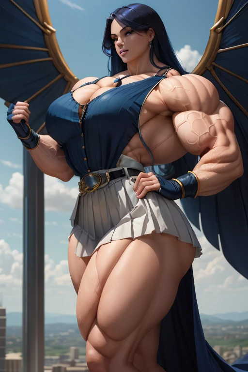 ((Close-up)), tall, (royal blue hair) beautiful muscular woman, long curly wavy hair, pale white skinned, closed smile, (black lipstick), (massive muscles), (hyper muscle), ((ginormous bulky muscles)), white eyes, (((sleeveless royal blue pleated shirt))), (giant angel wings), (((long pleated skirt with belt))), fingerless gloves, necktie, thigh highs, on a skyscraper, 