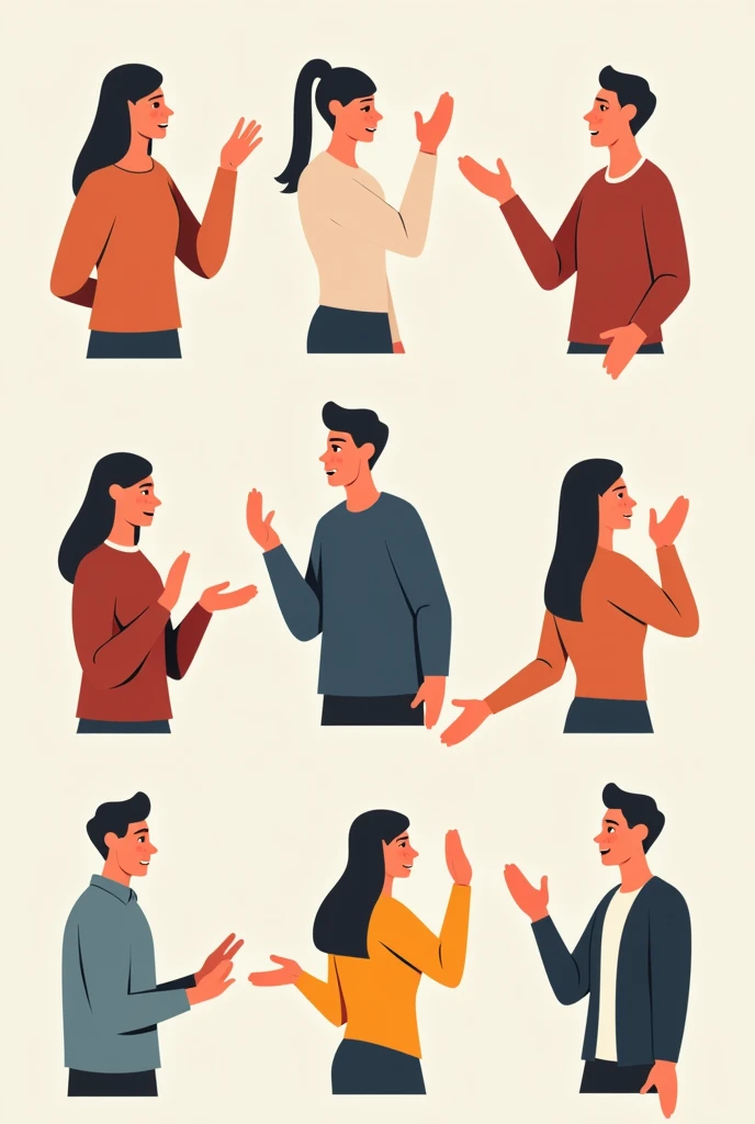 Representations of people using gestures and signals to convey messages, like raised hands and hunting signs