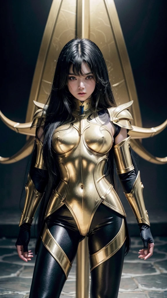 work of art, high resolution,best qualityer, Girl dressed in the golden armor of Sagittarius, from the knights of the zodiac saint seiya, Knights of the Zodiac, black hair, blue colored eyes, leggings sexy preta, golden armour, Sagittarius, Virgem, Lion , Knights of the Zodiac.