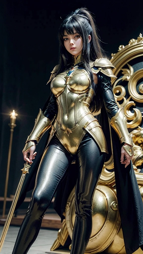 work of art, high resolution,best qualityer, Girl dressed in the golden armor of Sagittarius, from the knights of the zodiac saint seiya, Knights of the Zodiac, black hair, blue colored eyes, leggings sexy preta, golden armour, Sagittarius, Virgem, Lion , Knights of the Zodiac.
