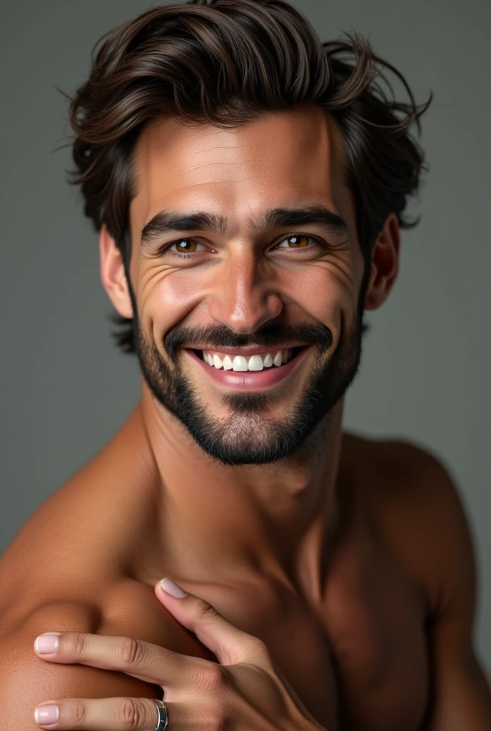 (photorealism:1.2), beautiful man, Brown-haired, swarthy, light brown eyes, tall, muscular body, beautiful hands, beautiful teeth, beautiful smile, beard