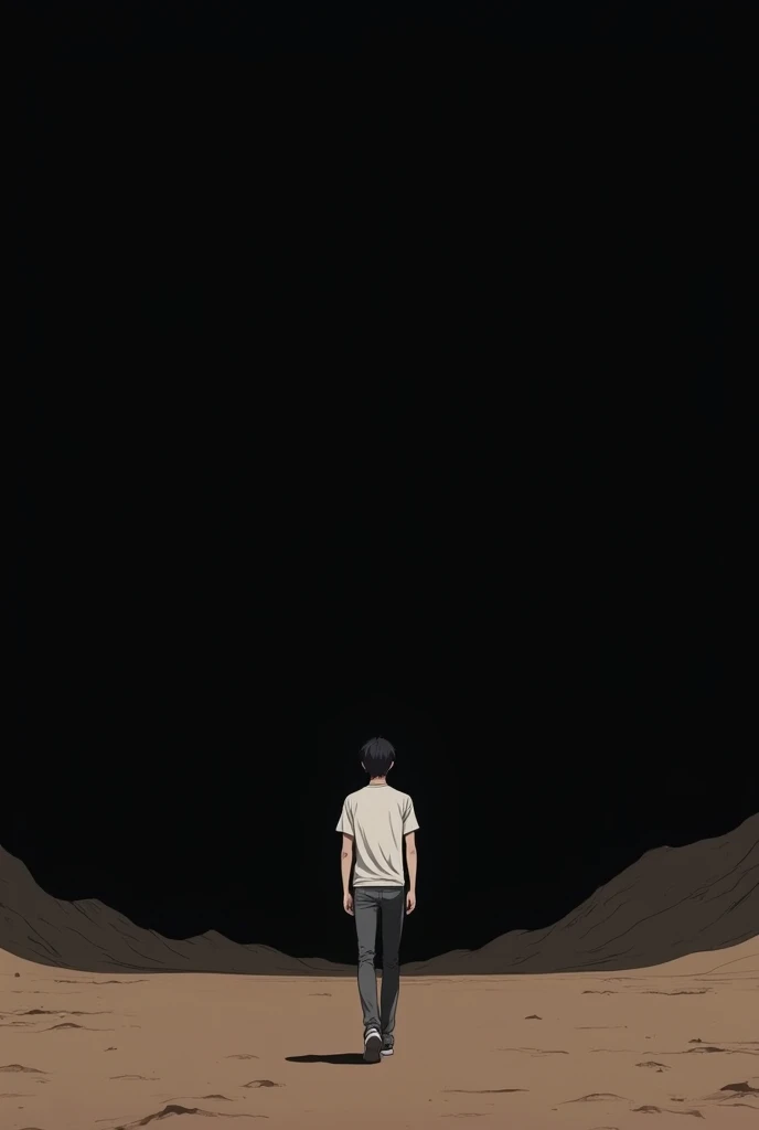 Anime guy walking through empty valley black background clothes white t-shirt 
