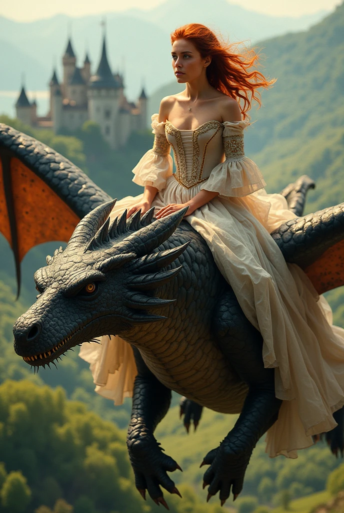 Penelope character from the Bridgerton series riding Rhaenyra Targaryen&#39;s dragon from the House of Dragon series