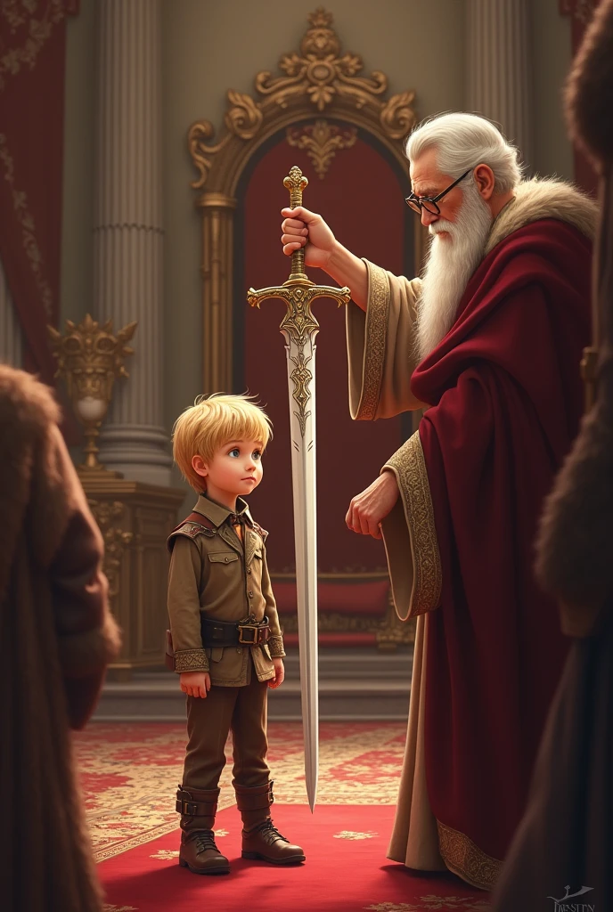 Create a king by giving a sword to a blond boy