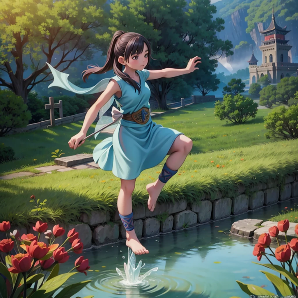 Girl standing in a Celtic castle by a lake。Celtic mythological priestess in long dress、House of Taiki、There are fairies flying around、