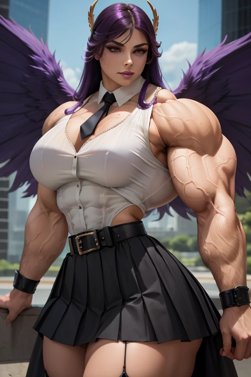 ((Close-up)), tall, (violet purple hair) beautiful muscular woman, long hair with long bangs, pale white skinned, closed smile, (black lipstick), (massive muscles), (hyper muscle), ((ginormous bulky muscles)), black eyes, (((sleeveless violet pleated shirt))), (giant angel wings), (((long pleated skirt with belt))), fingerless gloves, necktie, thigh highs, on a skyscraper,