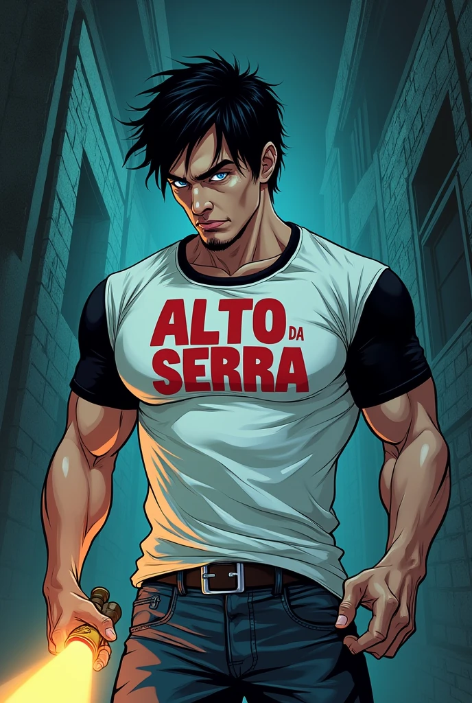 Comic book style image, man 2 badboy, medium length messy black hair with serious expression blue eyes, muscular body with a white shirt with black sleeves with Alto Da Serra written in red, holding a flashlight in his hand looking for something, de corpo inteiro, kind of dark academia style