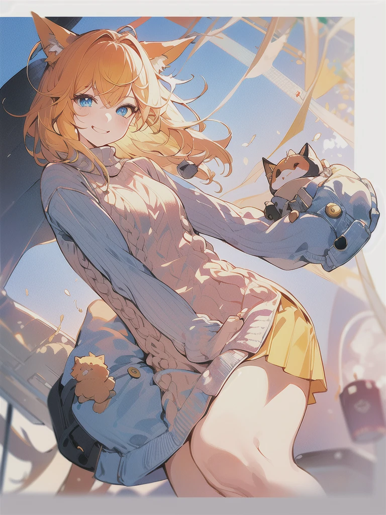 Chibi girl cute using sweater with orange/yellow hair and blue eyes detailed shading,fox girl,detailed hair shading and detailed blue eyes smiling cute adorable,