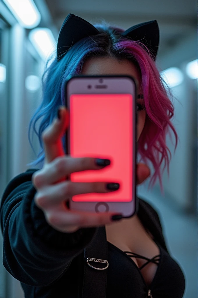 Selfie of an egirl with a cell phone covering her face 