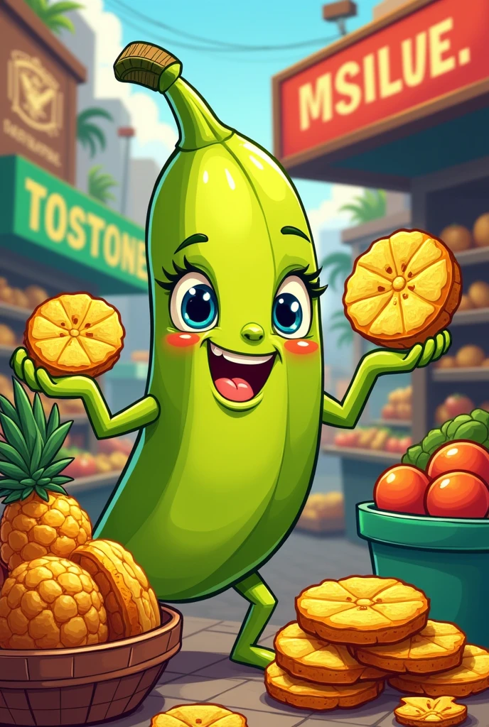 Cartoon of a green banana advertising the sale of tostones