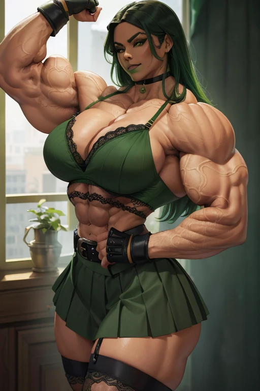 ((Close-up)), tall, (green hair) beautiful muscular woman, long curvy hair, brown skinned, closed smile, (black lipstick), (massive muscles), (hyper muscle), ((ginormous bulky muscles)), orange eyes, ((green lace bra)), (((black long pleated skirt with belt))), (fingerless gloves), Jewel choker, (thigh highs), (flexing bicep), morning in college,