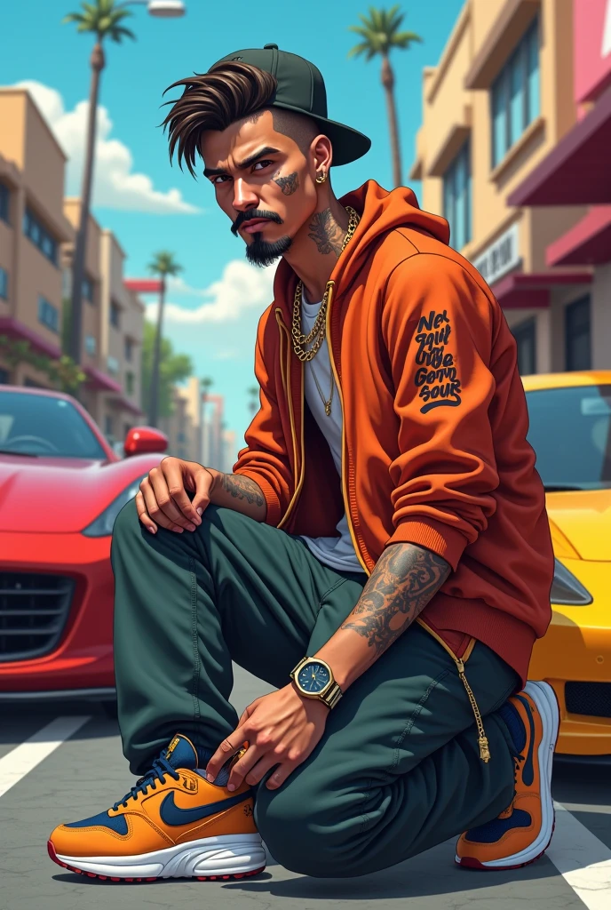 A 20 year old man with a mustache and goatee, with a &#39;&#39;start over&#39;&#39; cap tattooed on his face, with the profile pose, putting on a nike airmax tn sneaker on your foot, with a backdrop of sports cars and women in the back, medium nose, baggy pants and neck chain