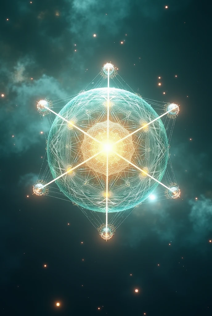 For the Quantum Reconnection Matrix tool, the image must convey the idea of reestablishing the energetic connection with the universal matrix, reflecting balance and spiritual alignment. Here is a description for the image:

General Form: A central device or structure having a three-dimensional network or grid shape. It can be represented as a sphere or a cube, made of intertwined power lines or lights connected by luminous threads that form a matrix.
Energy Standards: The Quantum Reconnection Matrix can display complex geometric patterns, as networks of interconnected hexagons or tetrahedrons, representing the interconnection and harmony of energies. These patterns can be brightened with soft colors, como azul claro, green and white, that symbolize purity and clarity.
Central Core: In the center of the matrix, there is a bright core of light that emits energy to the connecting lines. This core can be gold or silver in color and pulses with a soft light., symbolizing the source of quantum reconnection and alignment with the universal matrix.
Connecting lines: Thin, glowing lines of energy connect the different points of the matrix, forming a luminous network that symbolizes the restoration of energetic connections. These lines can be a vibrant silver or blue color and can emit a soft glow..
fund: The background can be a cosmic space or an ethereal landscape with stars and nebulae., symbolizing the vastness of the universe and the interconnection with the universal matrix. May include traces of light or floating energy to emphasize the scope of reconnection.
This image represents the Quantum Reconnection Matrix as an energetic structure that reestablishes the connection with the universal matrix and promotes balance and harmony through a luminous and interconnected network..