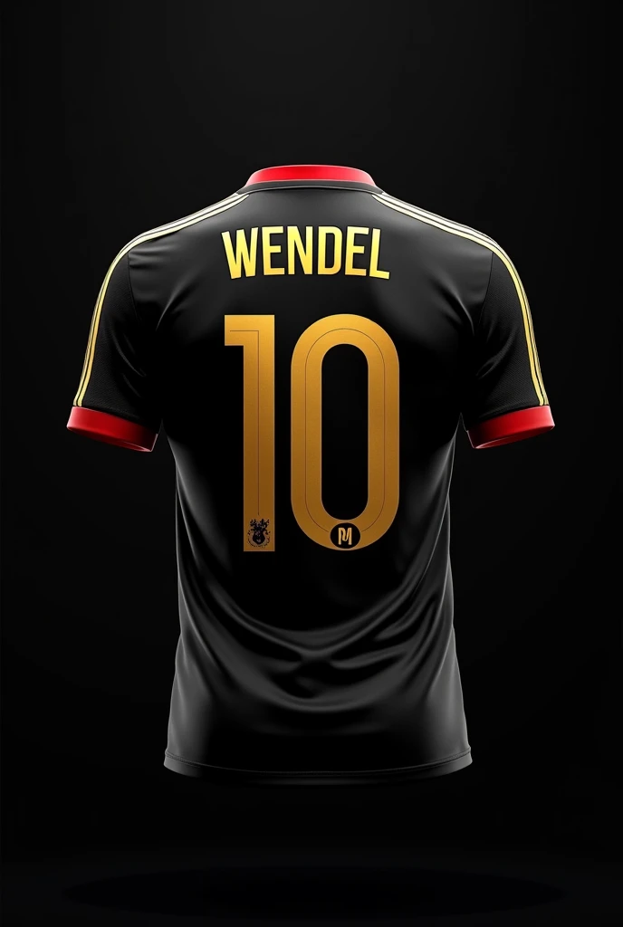 A football shirt with the number 10 on the back in gold with red details on the collars and 2 stripes from the neck collar down to the arm collar in gold on a black background without a player with the name WENDEL a little big below the number.